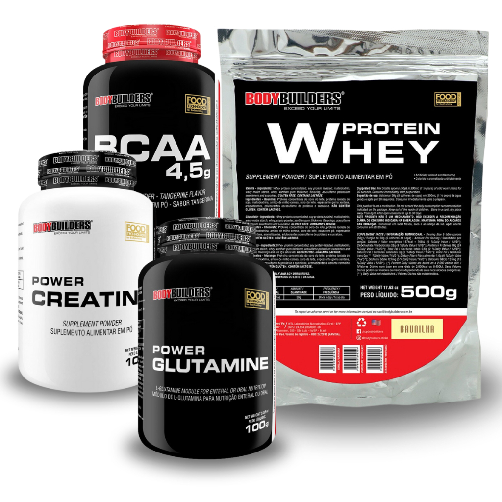 Kit Whey Protein Concentrado em Blend Proteico 500g + Power Creatina 100g + Power Glutamina 100g + BCAA 4.5g 100g – BodyBuilders Suplemento para Definição e Performance