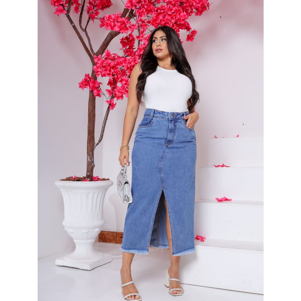 Saia Jeans Midi Com Fenda