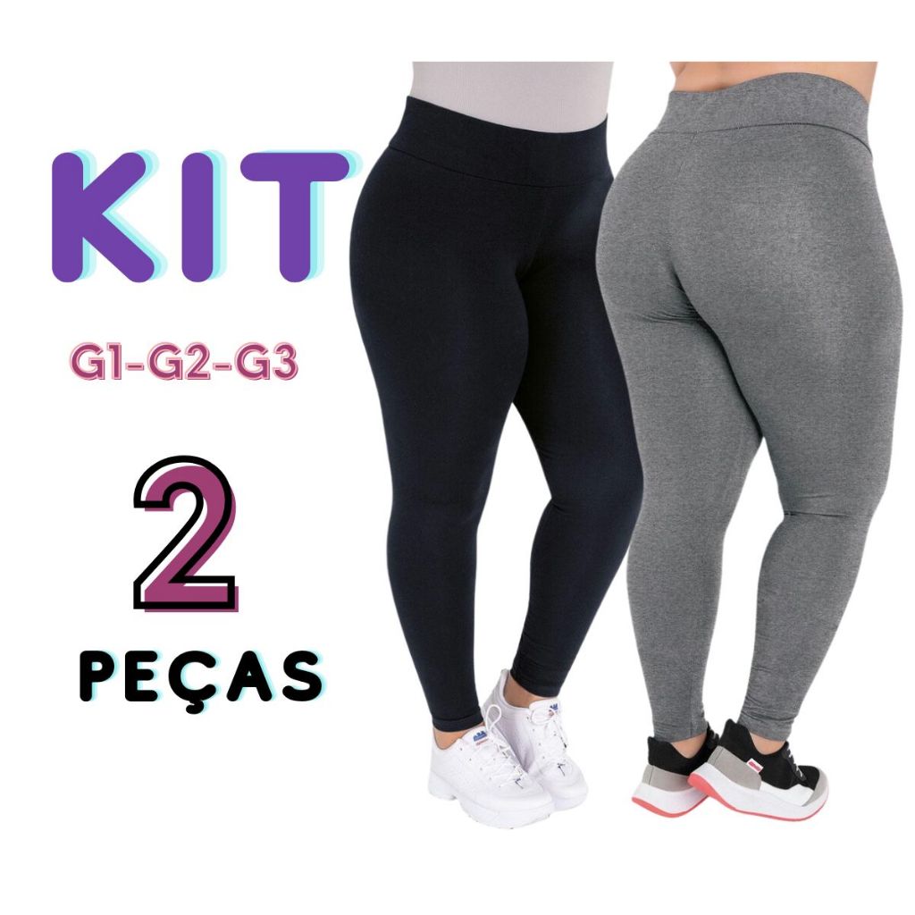 Kit 2 Calças Legging Suplex Plus Size Feminina Cintura Alta Tecido