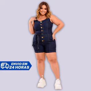 Macaquinho Jeans Plus Size Curve Escuro Com Lycra e Elastano Tecido Premium na Promoção-Atenas Jeans