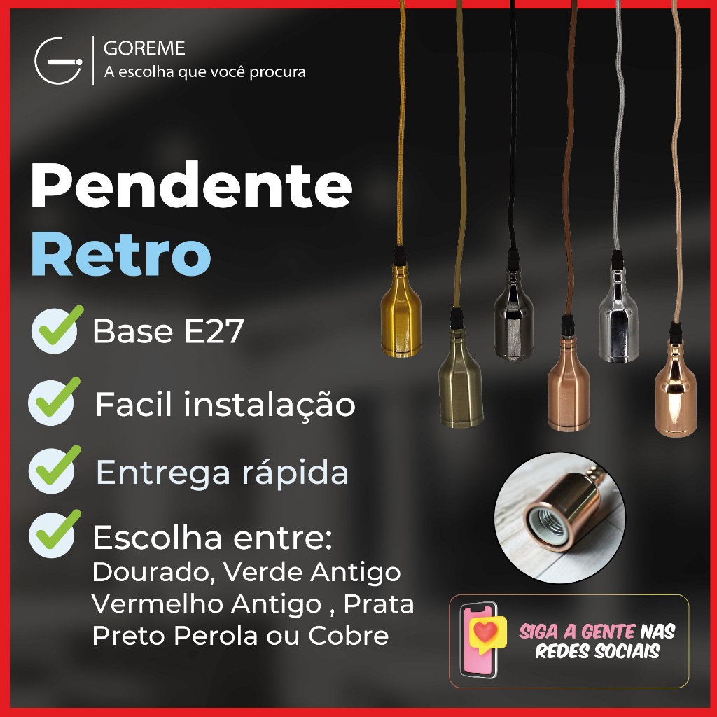 Luminária Pendente A8 E27 Cor Dourado | Verde Antigo | Vermelho Antigo | Preto Perola | Prata | Cobre