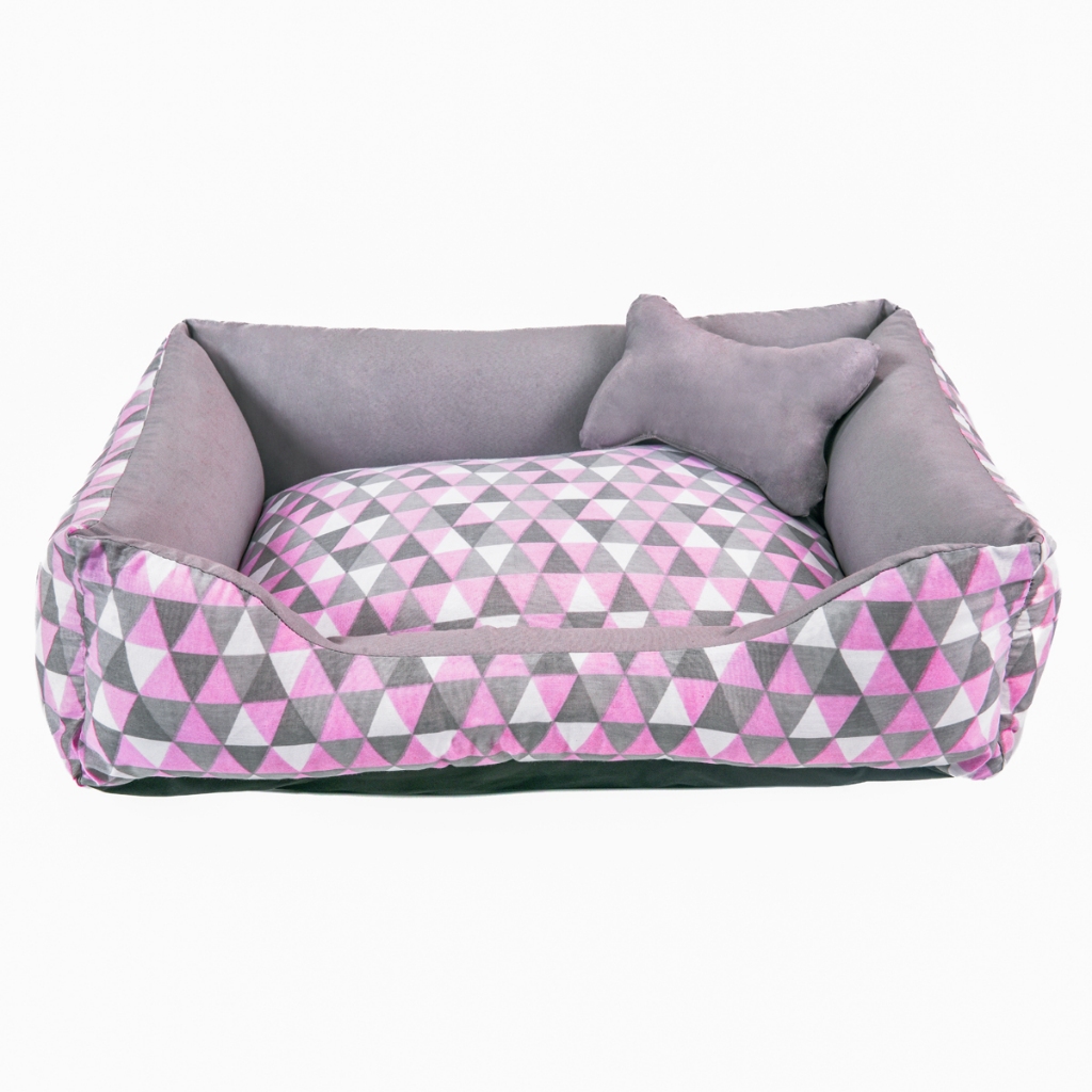 Cama Pet Caminha de Cachorro ou Gato M 60x50 Geométrico Rosa/Cinza + OSSINHO