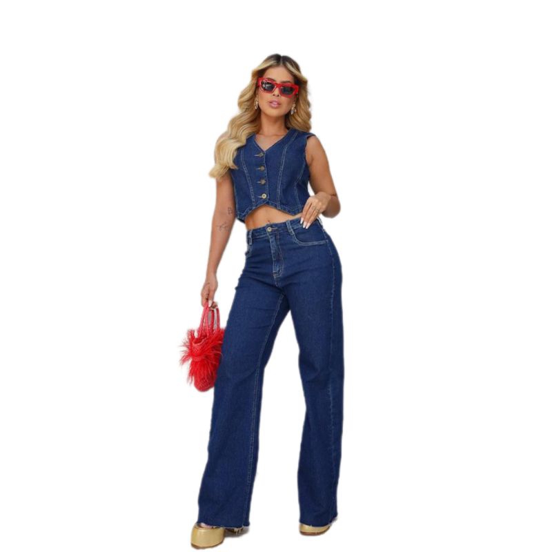 Colete jeans best sale com calça flare