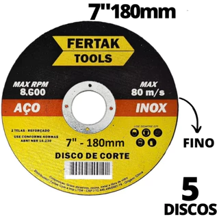 Kit 5x Disco De Corte Aço Inox Metal 180mm - Para Esmerilhadeira 7 Polegadas - Fertak