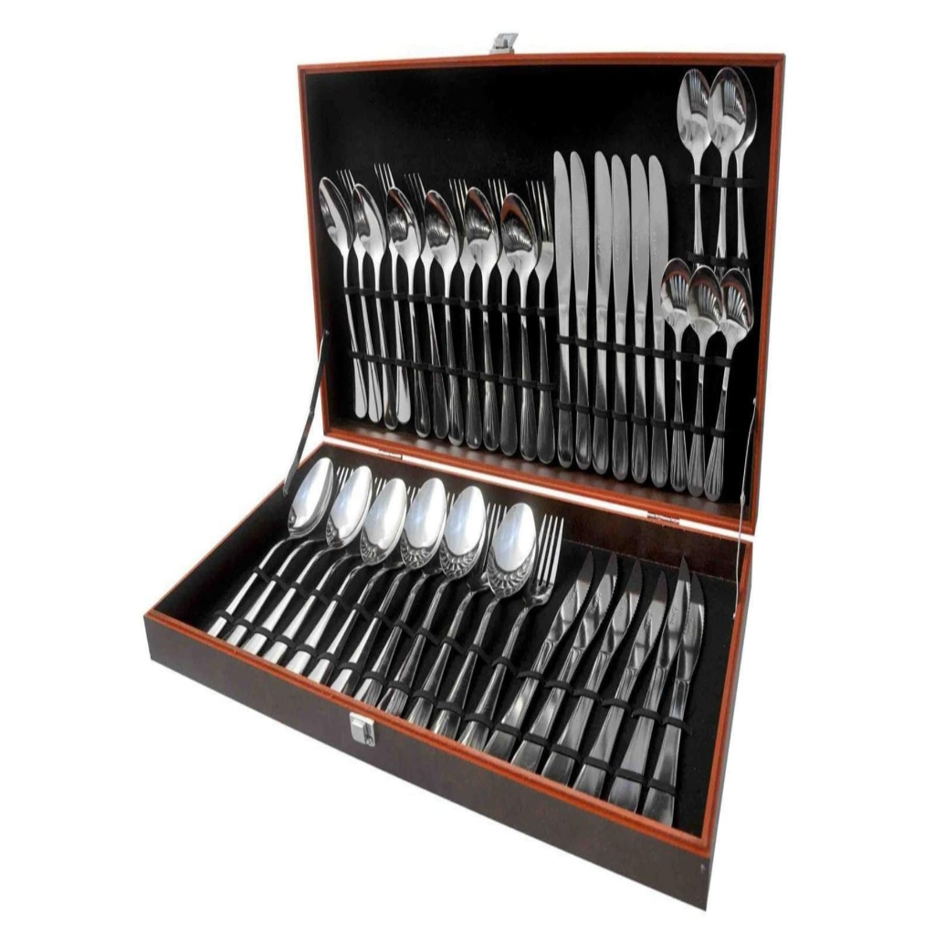 Jogo de Faqueiro Completo Inox Premium com Maleta de Madeira 42 Peças