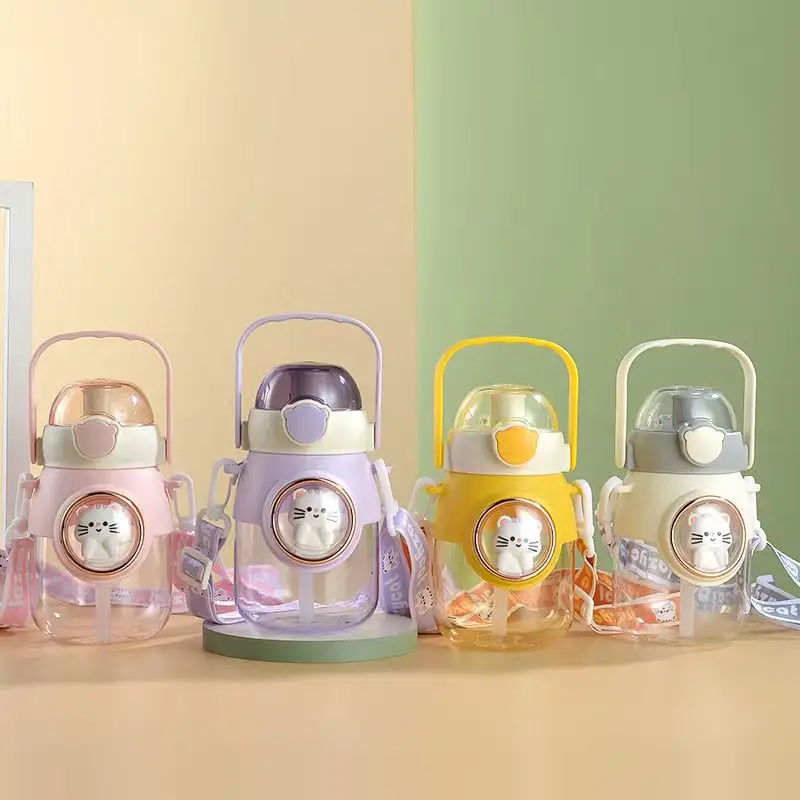 novo 2023 crianças bonito dos desenhos animados gato plástico garrafa de água estudante copo de grau alimentício plástico 850ml MSD8004