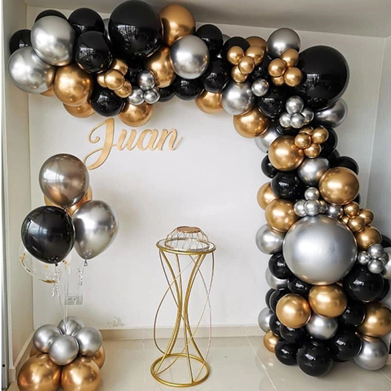Kit 150 Balões Preto Nº7 + Prata + Dourado Nº5 Metalizado Cromado - Balão Bexiga Para Festas e Aniversários