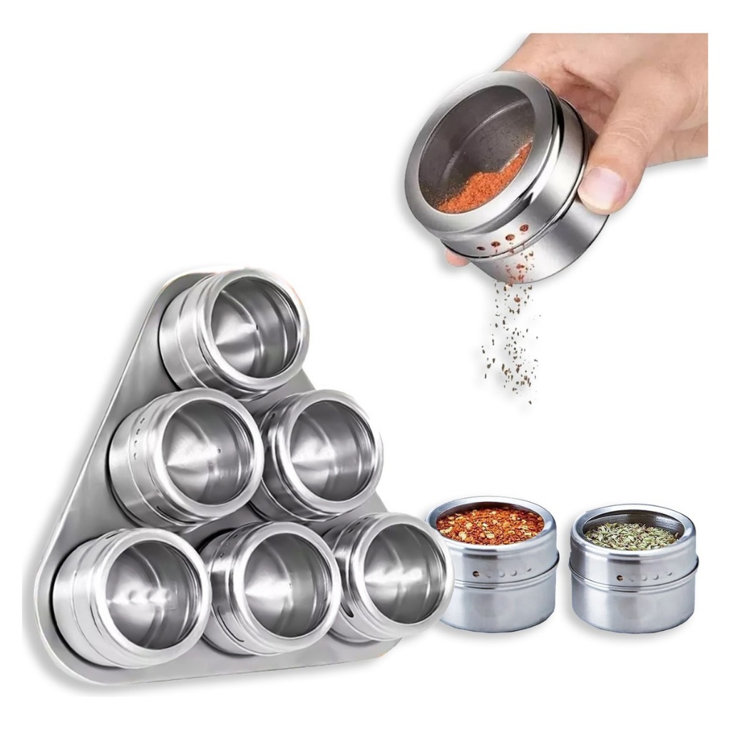 Porta Tempero Condimentos Magnéticos em Aço Inox 6 Peças