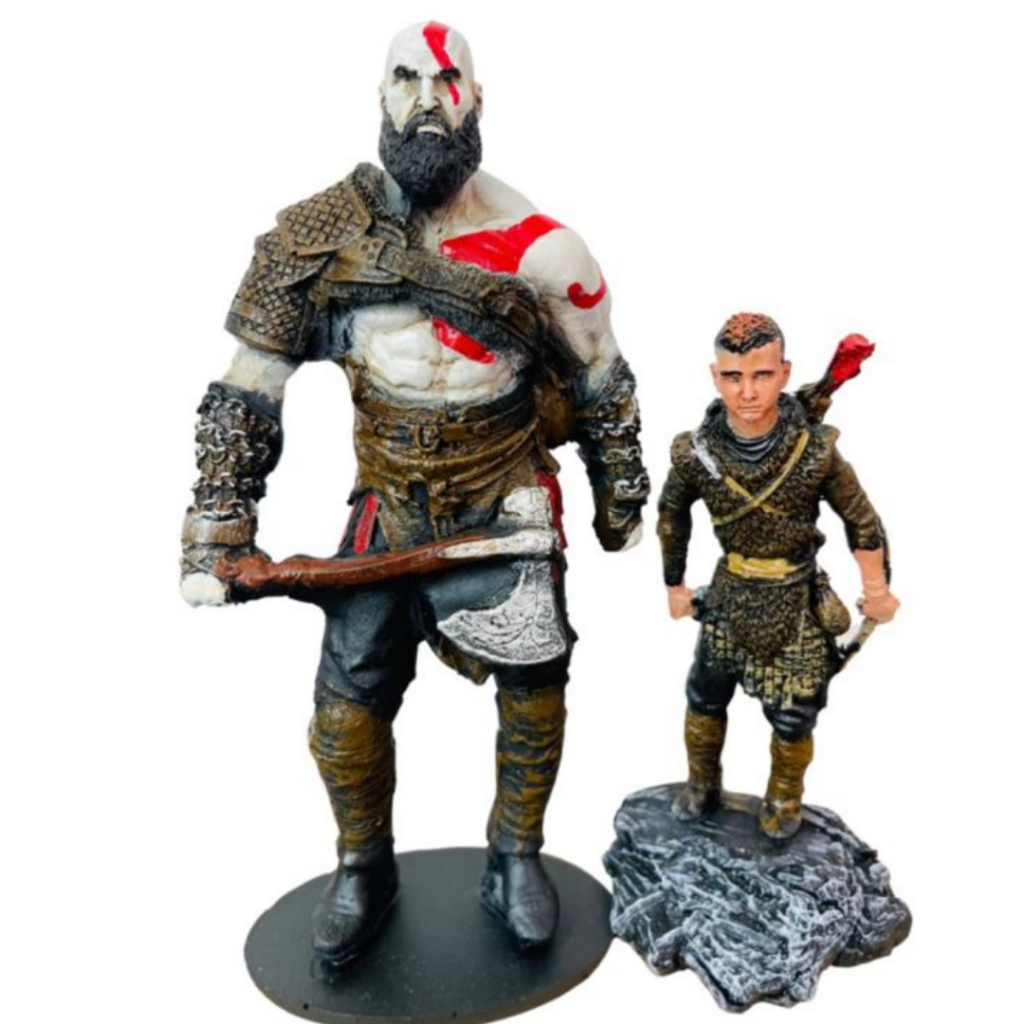 kit 2 Bonecos Kratos e Atreus Colecionável God of War 4 Game Estátua Resina Kit