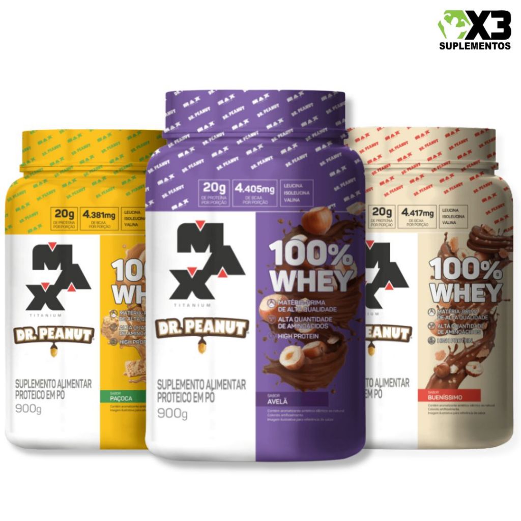 Kit 100% Whey Protein Max Titanium Refil - Chocolate - 900g + Pasta De  Amendoim Bueníssimo Dr Peanut - 2 Unidades