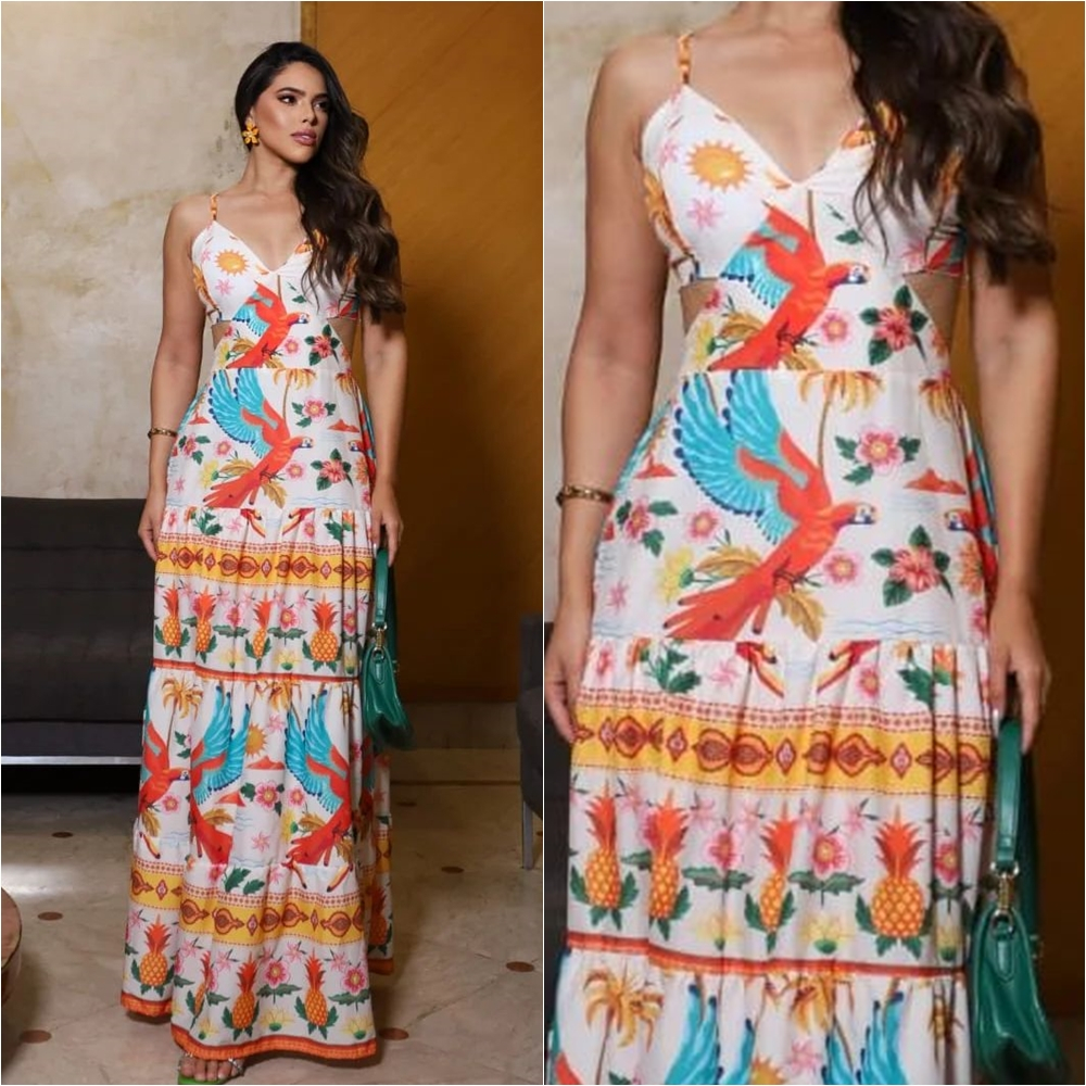 Vestido Longo Estampa Inspiração Farm creme tropical com alça e amarra ...