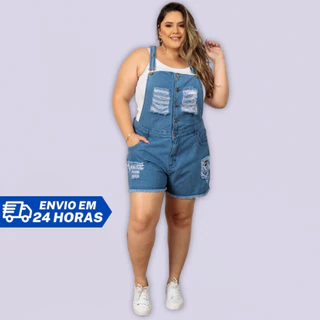 Jardineira Feminina Plus Size Curve Jeans Destroyed Macacão Shorts Novidade - Atenas Jeans