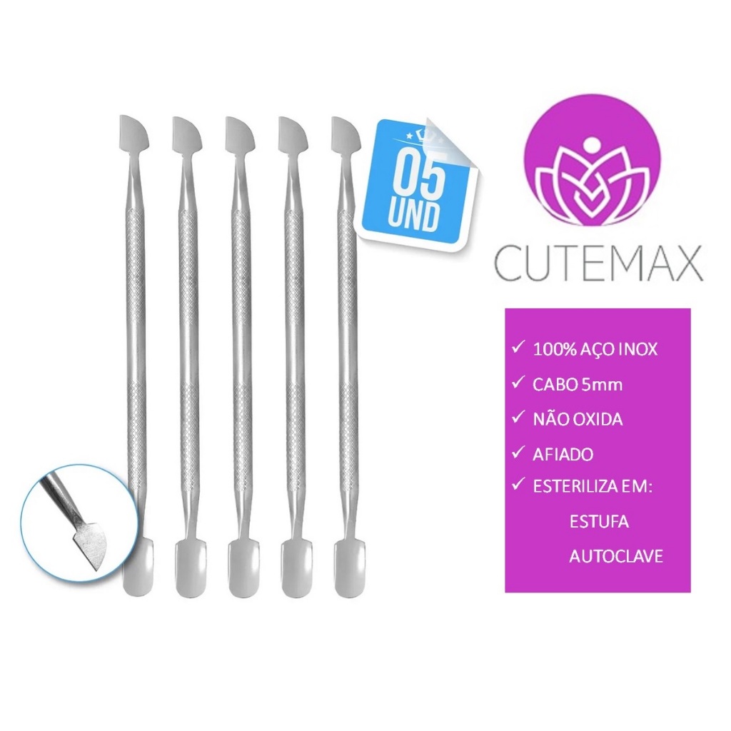 Kit 5 Espátula Dupla Bastão Empurrador Inox Profissional Manicure e Podologia Cutemax