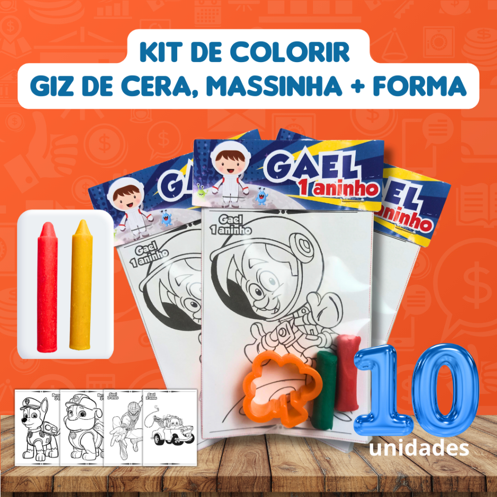 Kit de Colorir com Giz de cera massinha e forma - Lembrancinha 10 unidades