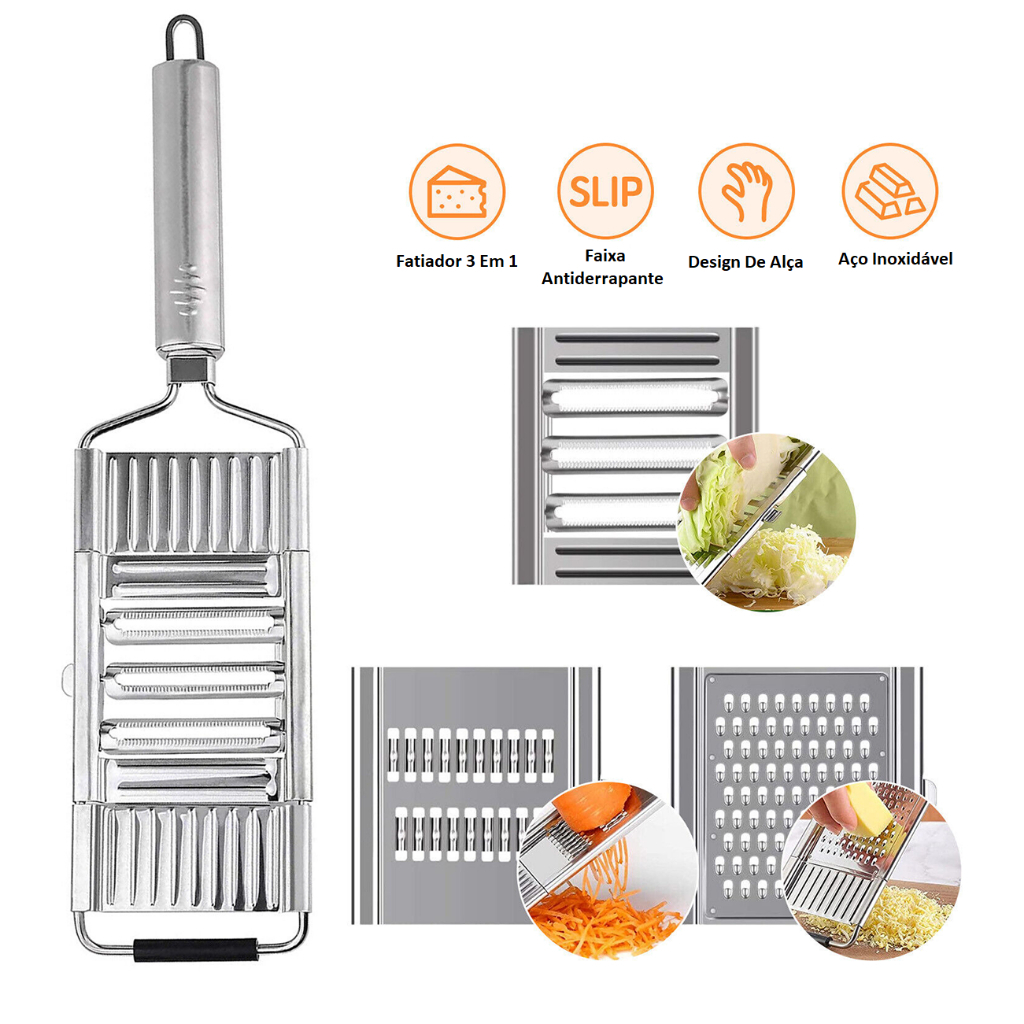 Ralador Inox 3 em 1 Multiuso Queijo Legumes Frutas Com Cabo