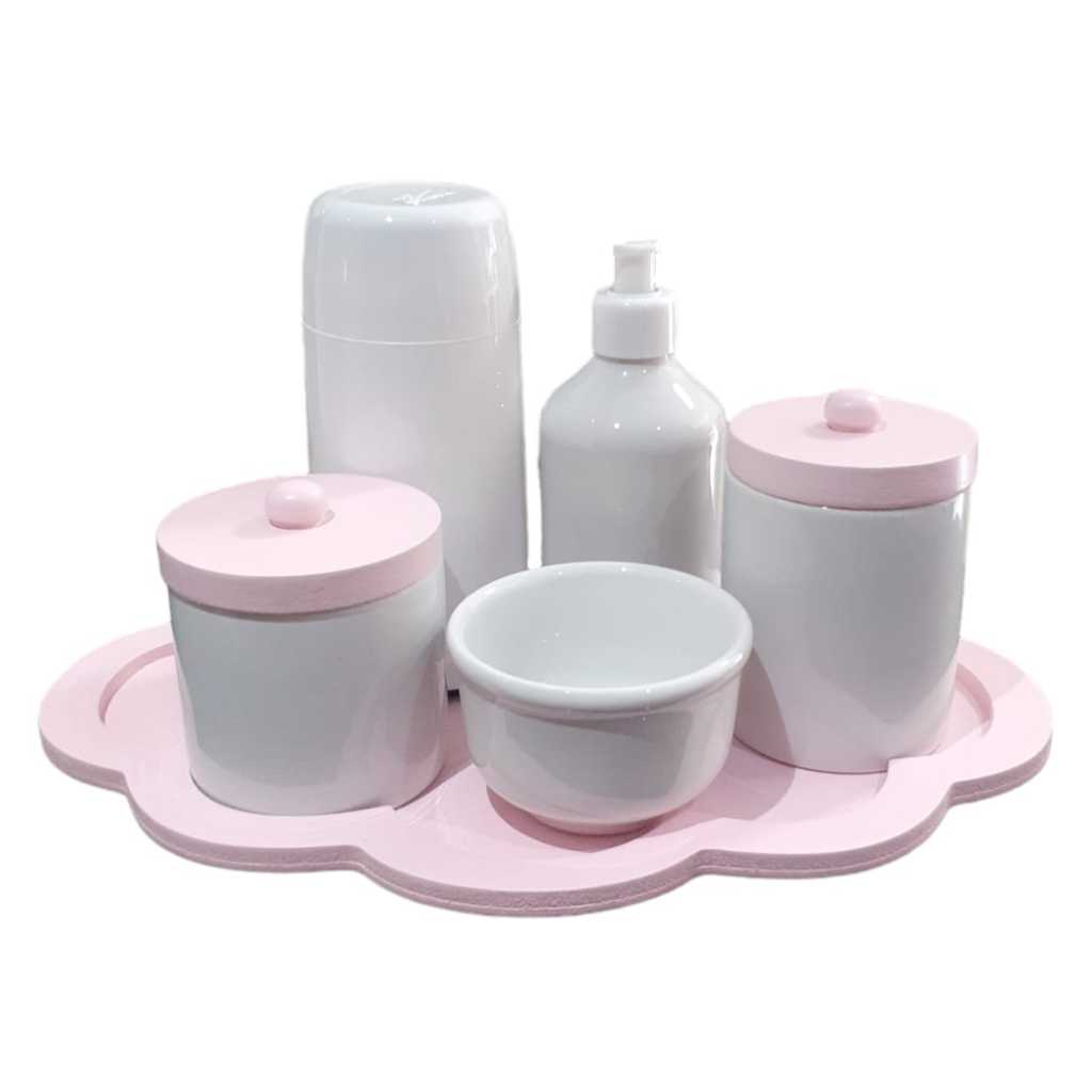 Kit Higiene Bebê porcelana bandeja nuvem tampa rosa menina maternidade garrafa térmica saboneteira algodão cotonete