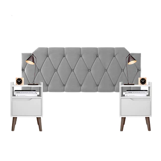 Conjunto Cabeceira Estofada Casal Kelly + 2 Mesas De Cabeceira Gabriela Branco Para Cama Box Tamanho1.40 Modelo Suede