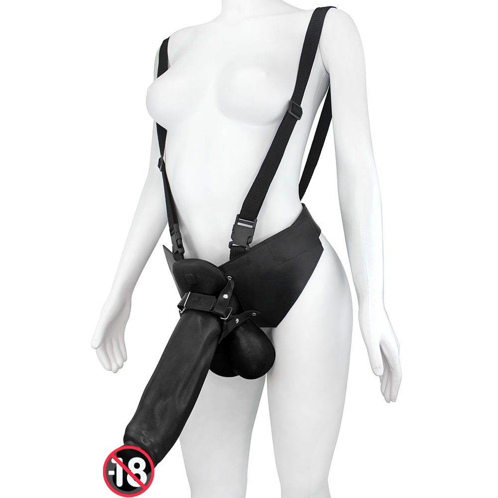 Pênis Gigante e Grosso Flexível com Escroto e Cinta Crescido 32 x 8,5cm Preto 80084