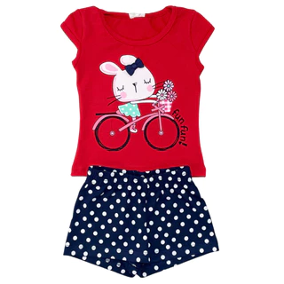 Conjunto Infantil Feminino Blusa Cotton estampada Bermuda Moletinho Estampa bolinhas 1-2-3
