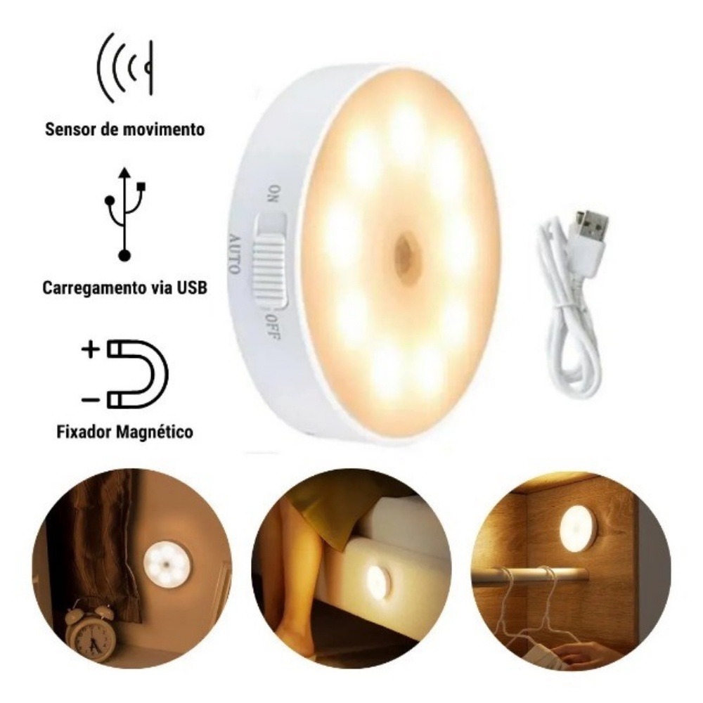 Luminária LED sem Fio com Sensor de Presença Usb Recarregável Spot