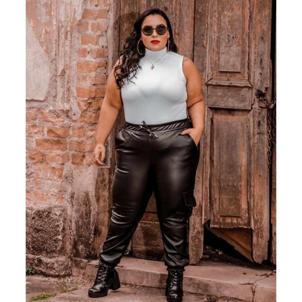 Calça Jogger CalÃ§a Feminina Couro Fake Preta Calça Jogger Plus