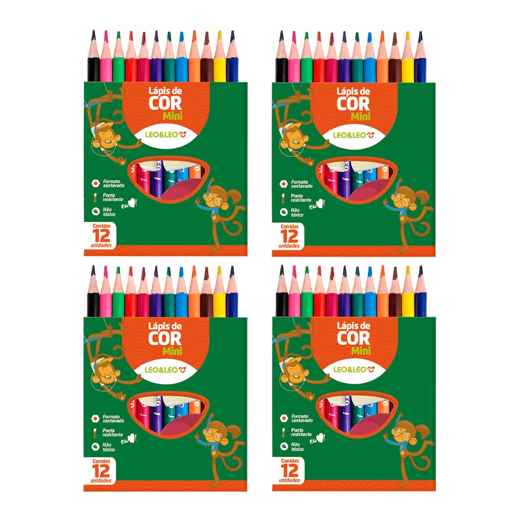 Kit 4 Caixas de Lápis de cor Mini 12 Cores Redondo Flex Leo & Leo ...