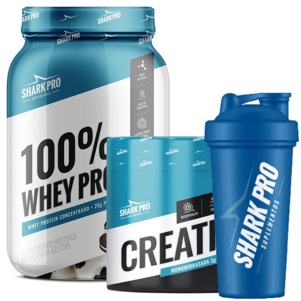 Kit Perfeito Shark Pro Whey 100% Shark Pro, Creatina Shark Pro, Coqueteleira Shark Pro