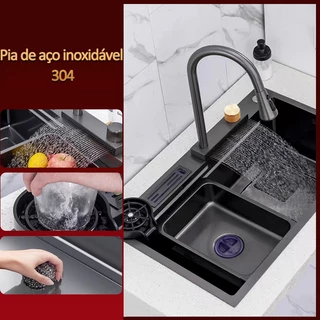 Cuba Pia Inox Preta Quadrada Cozinha Gourmet 70cm com Acessórios Torneira