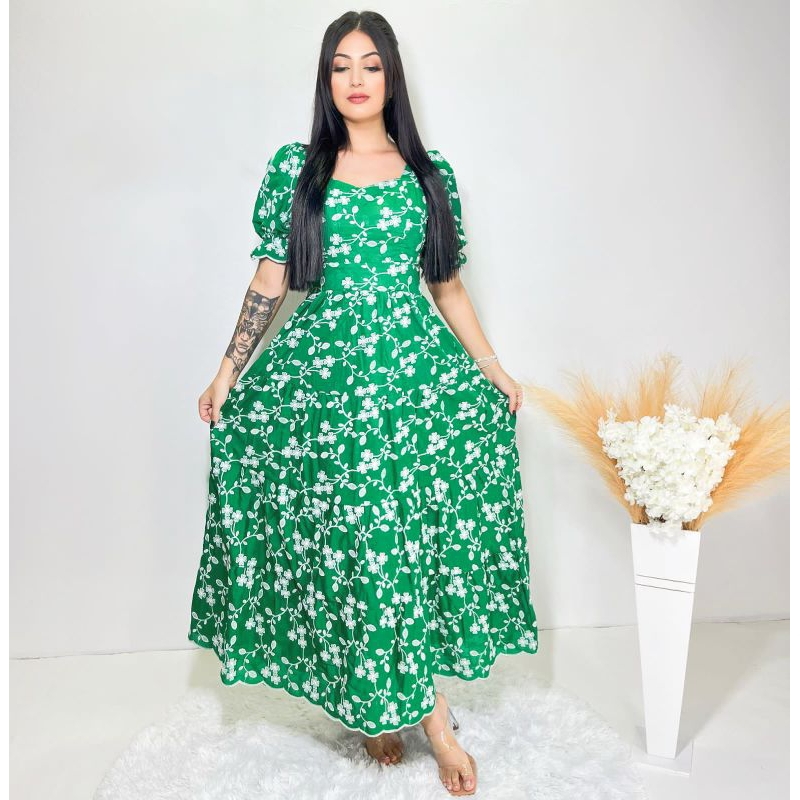 vestido longo luxo lese bordado manga curto 1092 Shopee Brasil
