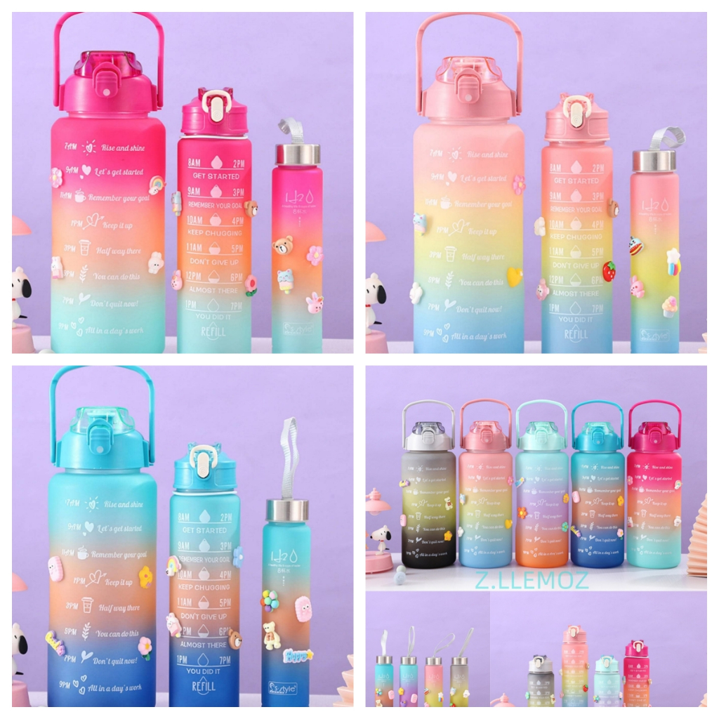 kit 3 Garrafa De Água Squeeze Academia Com 2000ml 900ml e 300ml Portátil Adesivos