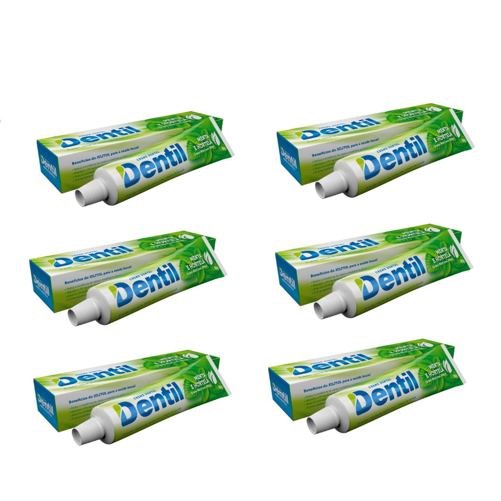 Kit 6 Creme Dental Sem Flúor Com Xilitol 90g Dentil Menta e Hortelã