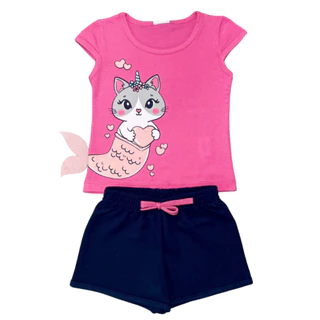 Conjunto Infantil Menina Blusa Malha Interativo Bermuda Moletinho Liso 1-2-3