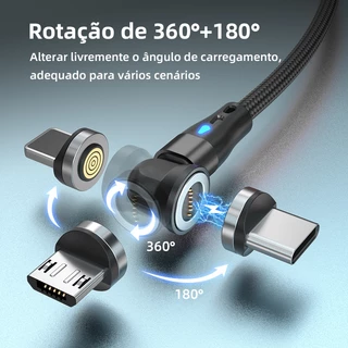 Cabo Carregador Magnético 3 Em 1 Carregamento super rápido de 3A com transferência de dados, função de rotação de 540°