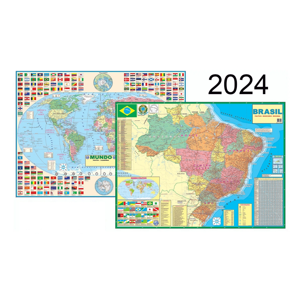 Kit Com 2 Mapas Mundi Brasil Político Rodoviário 120 X 90 Cm