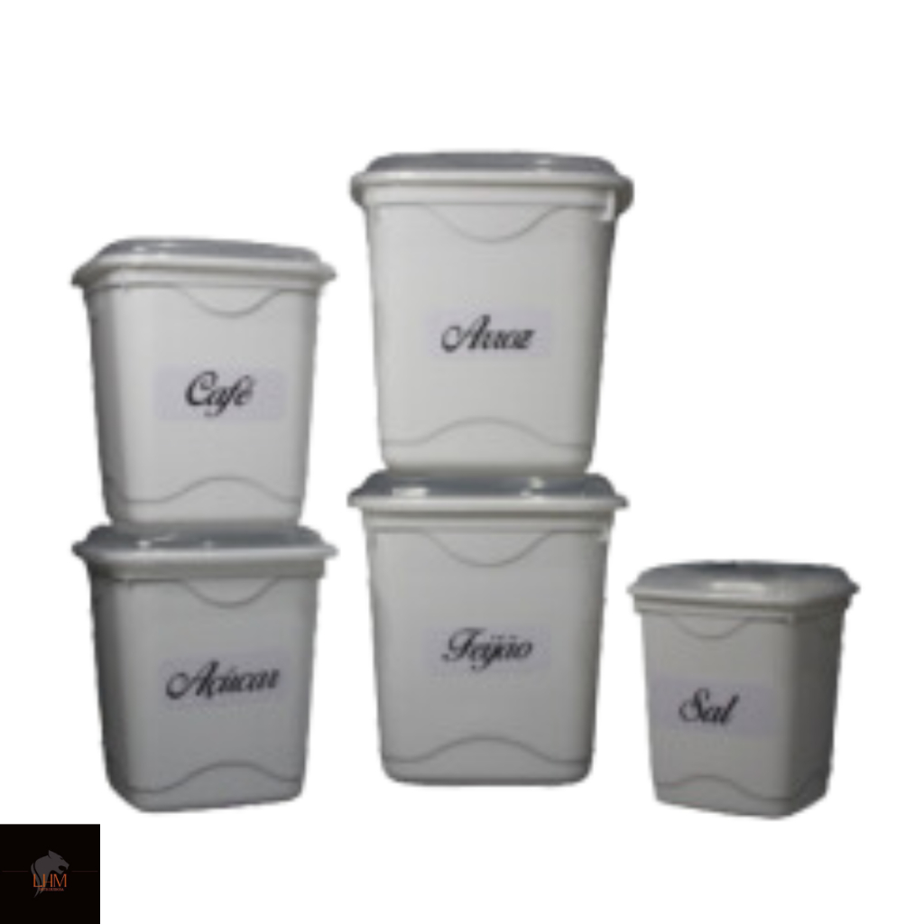 Kit Jogo Mantimento 5 Peças Plástico Conjunto Alimentos Branco/Preto