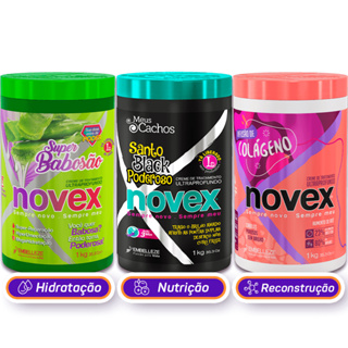 KIT NOVEX CRONOGRAMA CAPILAR PARA CACHEADAS 1KG - SUPER BABOSÃO, BLACK PODEROSO, INFUSÃO DE COLÁGENO