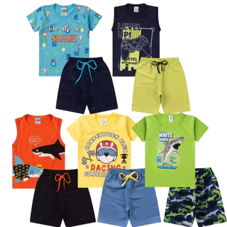 Kit com 3 Conjuntos SORTIDOS Masculino-Menino - Kit 6 Peças sendo 3 Camisetas + 3 Bermudas.