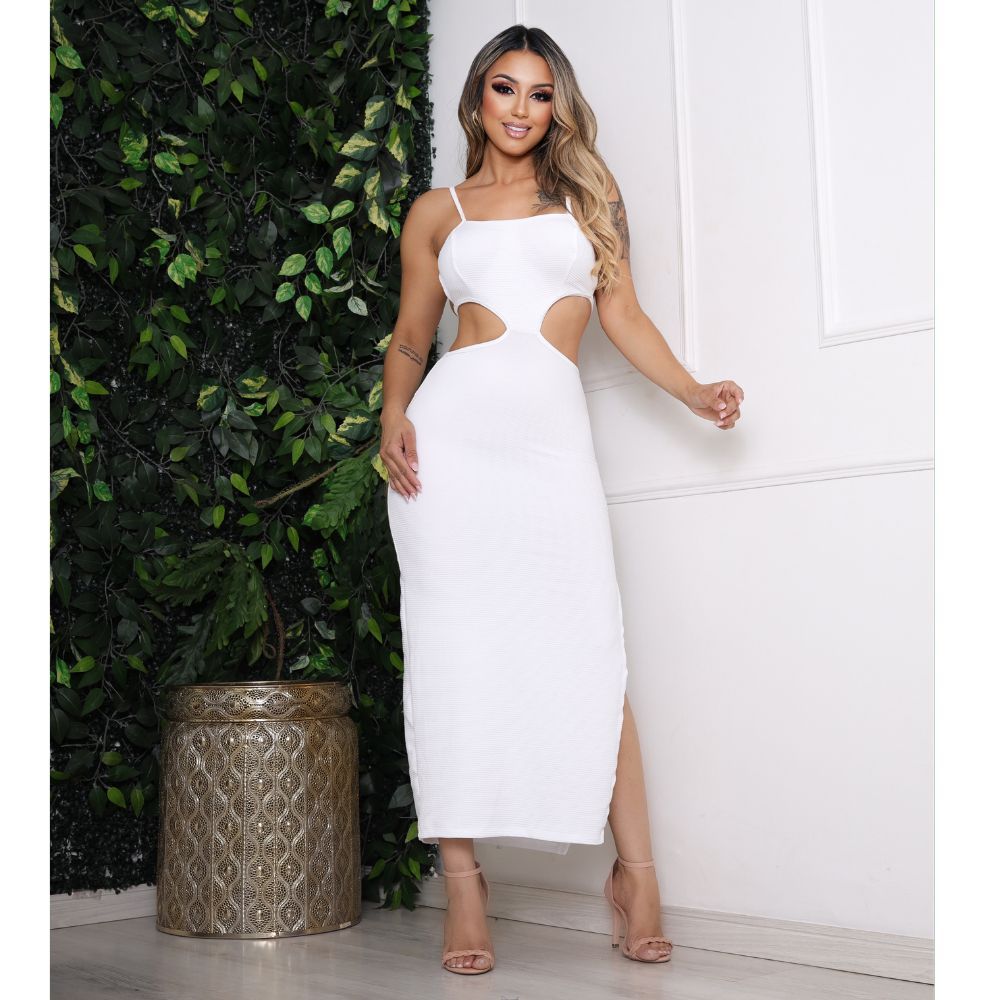 Vestido Longo com Alça e Fenda Lateral Branco