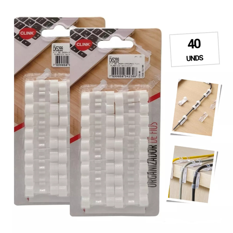 Kit 40 Clips Organizador De Cabo Fios Parede Fixador Adesivo