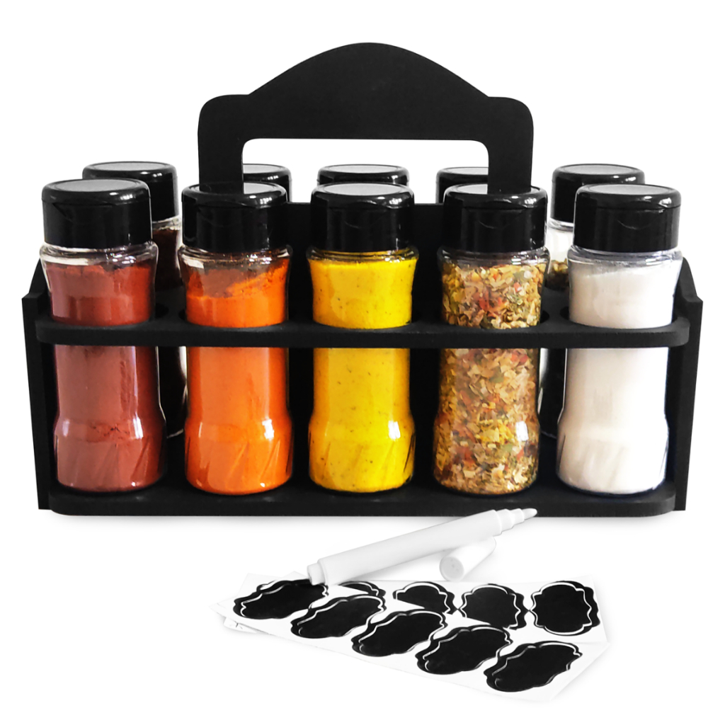 Porta Tempero com Alça Madeira Resistente com 10 Potes Plástico com Etiquetas e Caneta