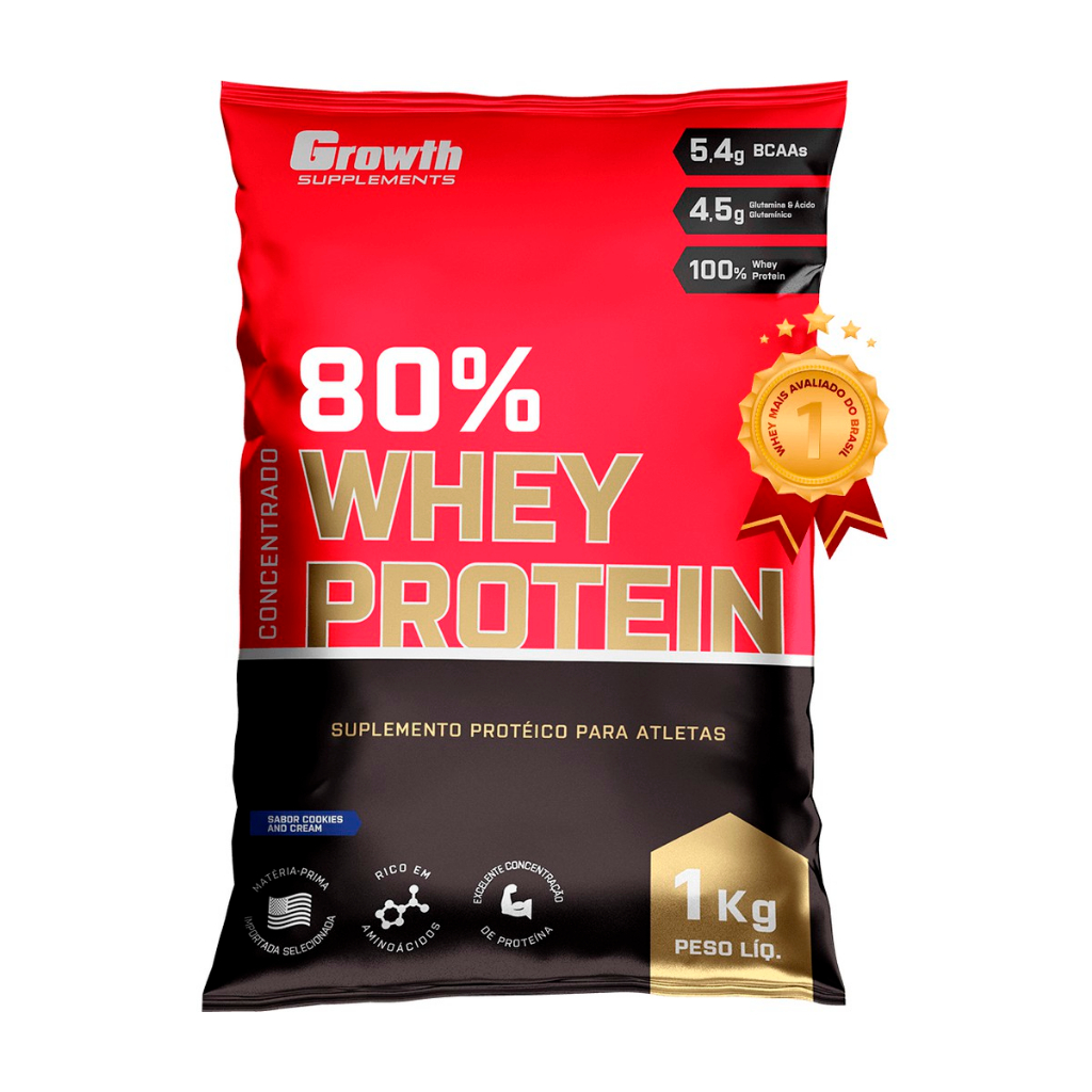 Whey Protein 80% Proteína Concentrado 1Kg Growth Suplementos Original – WPC – Whey Protein Concentrado – Vários sabores