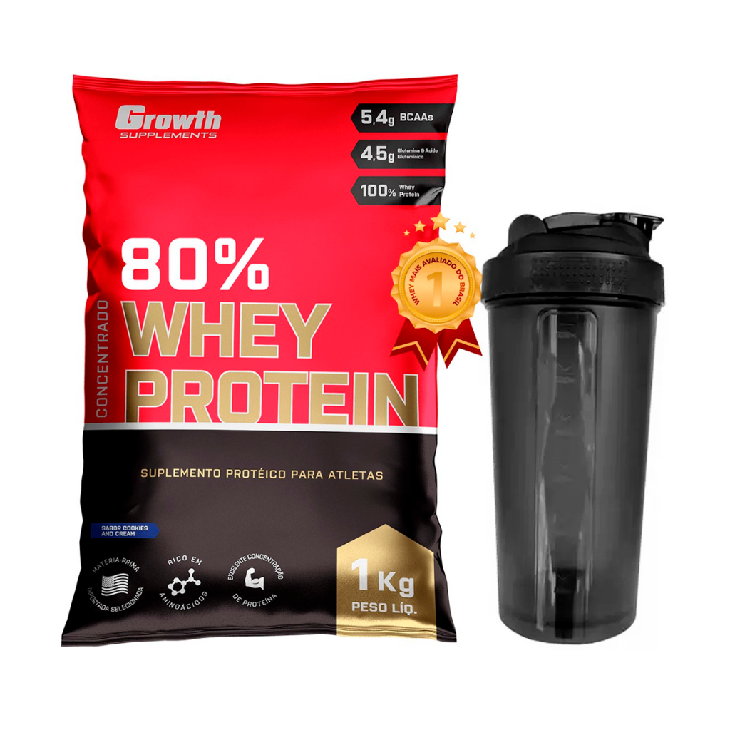 Whey Protein 80% Proteína Concentrado 1Kg Growth Suplementos Original – WPC – Whey Protein Concentrado – Vários sabores + Coqueteleira