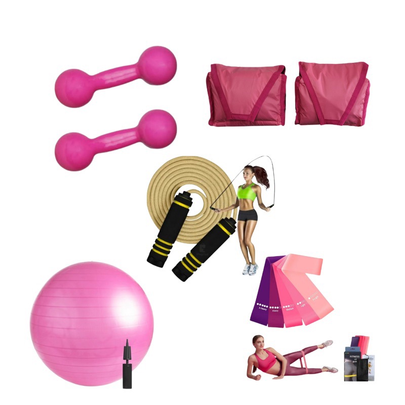 Kit Funcional Pilates Halter 1 Kg + Par Caneleira 1 Kg + Bola De Pilates Rosa + Kit Mini Bands + Corda de Pular