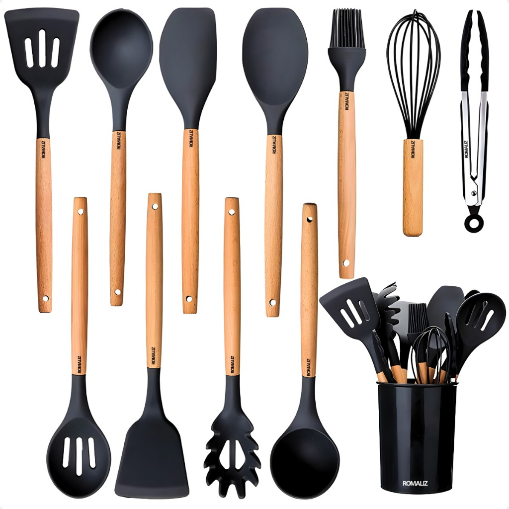 Kit 12 Peças Utensílios Cozinha Em Silicone Maciço E Cabos De Madeira Colheres Linha Master Cheff