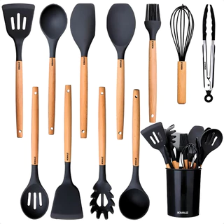 Kit 12 Peças Utensílios Cozinha Em Silicone Maciço E Cabos De Madeira Colheres Linha Master Cheff