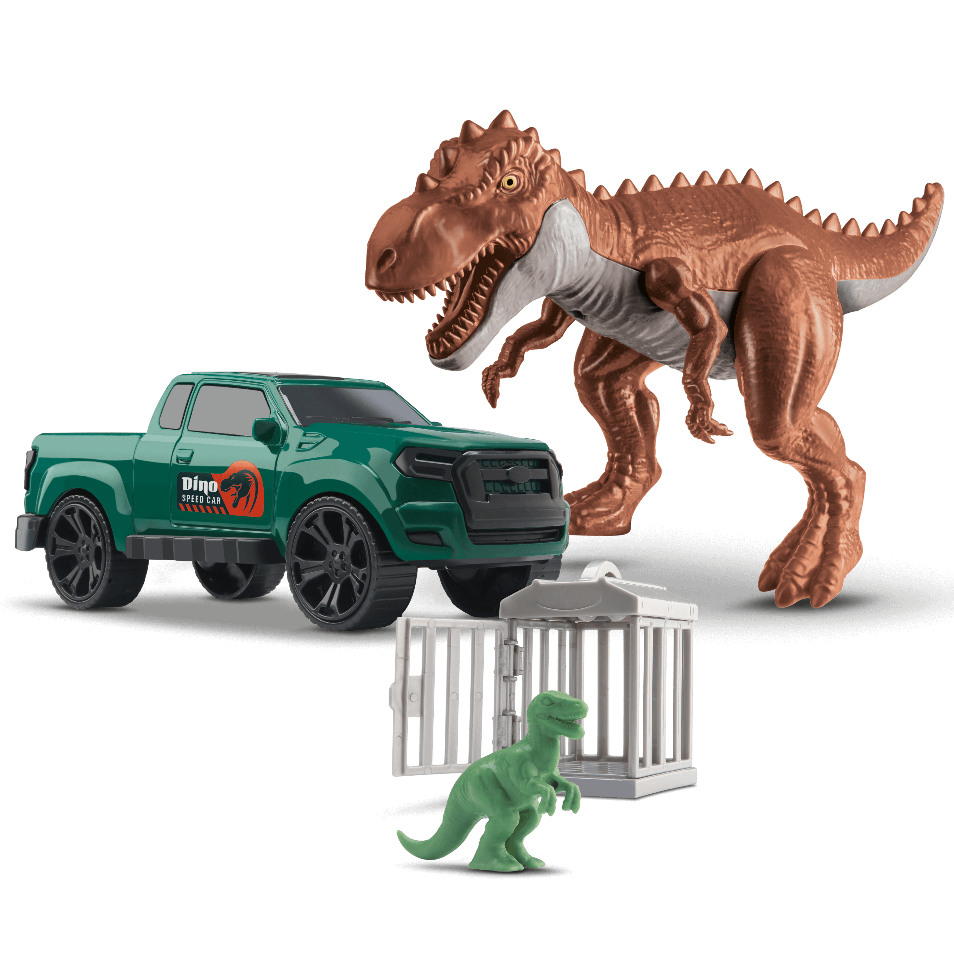 Dinossauro Grande 30cm Com Carro E Mini Dino Jaula Brinquedo