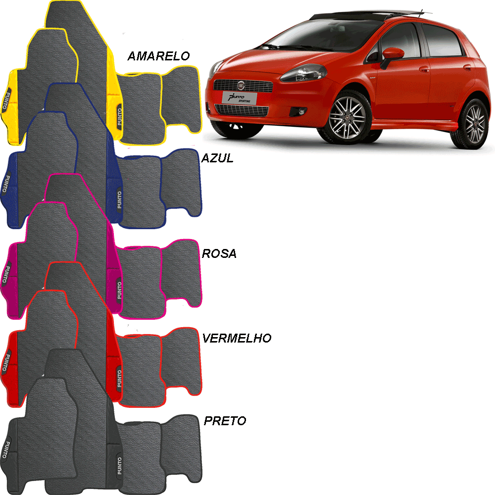 LINDO JOGO TAPETE AUTOMOTIVO VERMELHO AZUL AMARELO ROSA PRETO PUNTO 2005 A 2017 EMBORRACHADO