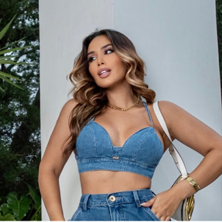 TOP/Cropped Jeans Trançado Premium Sem Bojo