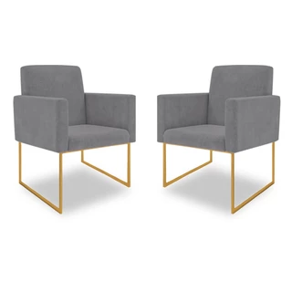 Kit 02 Poltronas Sala/Quarta/Sala de Jantar cor suede Cinza - Base Ferro Dourado