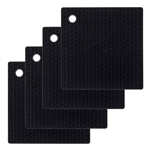 Kit 4 Descanso Panela Quadrado Mesa Em Silicone Preto 18cm Weck